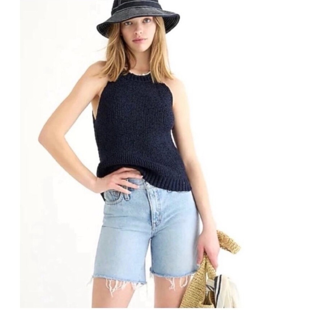 J.Crew Navy Blue Halter Sweater Tank Top Textured Knit‎ XL Sleeveless High Neck